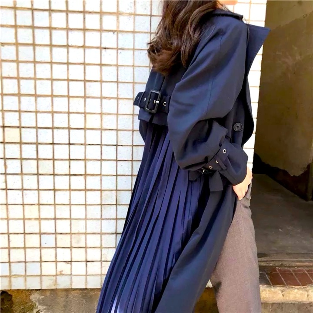 NEW Navy Blue Trench Coat with Chiffon Pleat Back